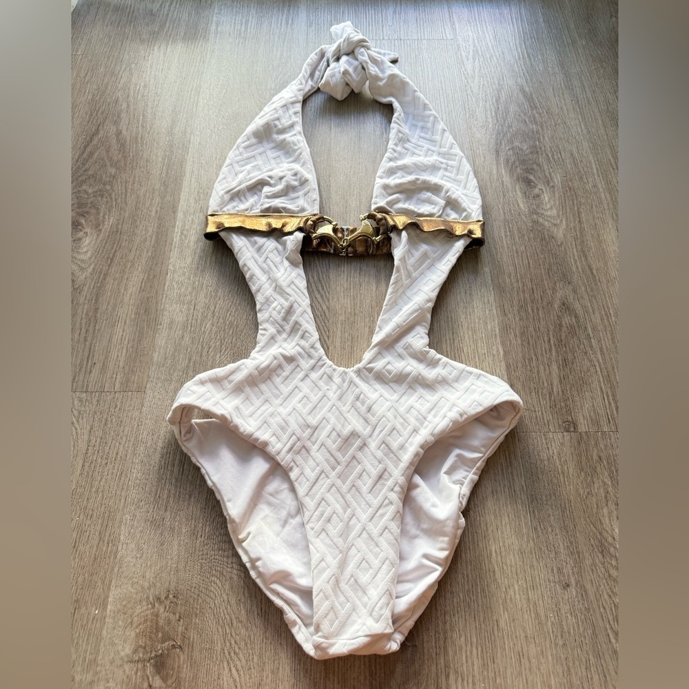 beach bunny swimwear white one piece bikini with gold and brown accents small
